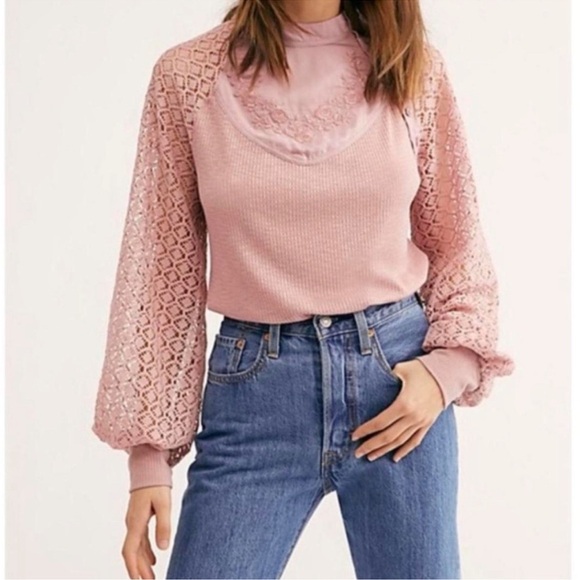 Free People Tops - FREE PEOPLE Sweetest Thing Crochet Lace L/S Blush Sweater SZ: L